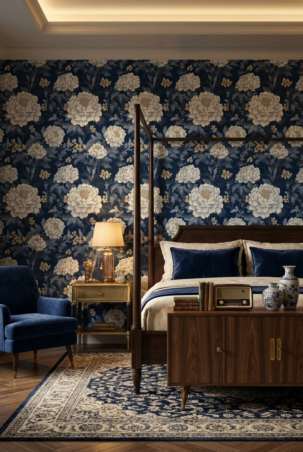 Elegant Floral Wallpaper Navy Traditional Wall Mural