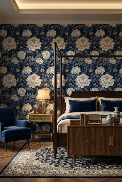 Elegant Floral Wallpaper Navy Traditional Wall Mural