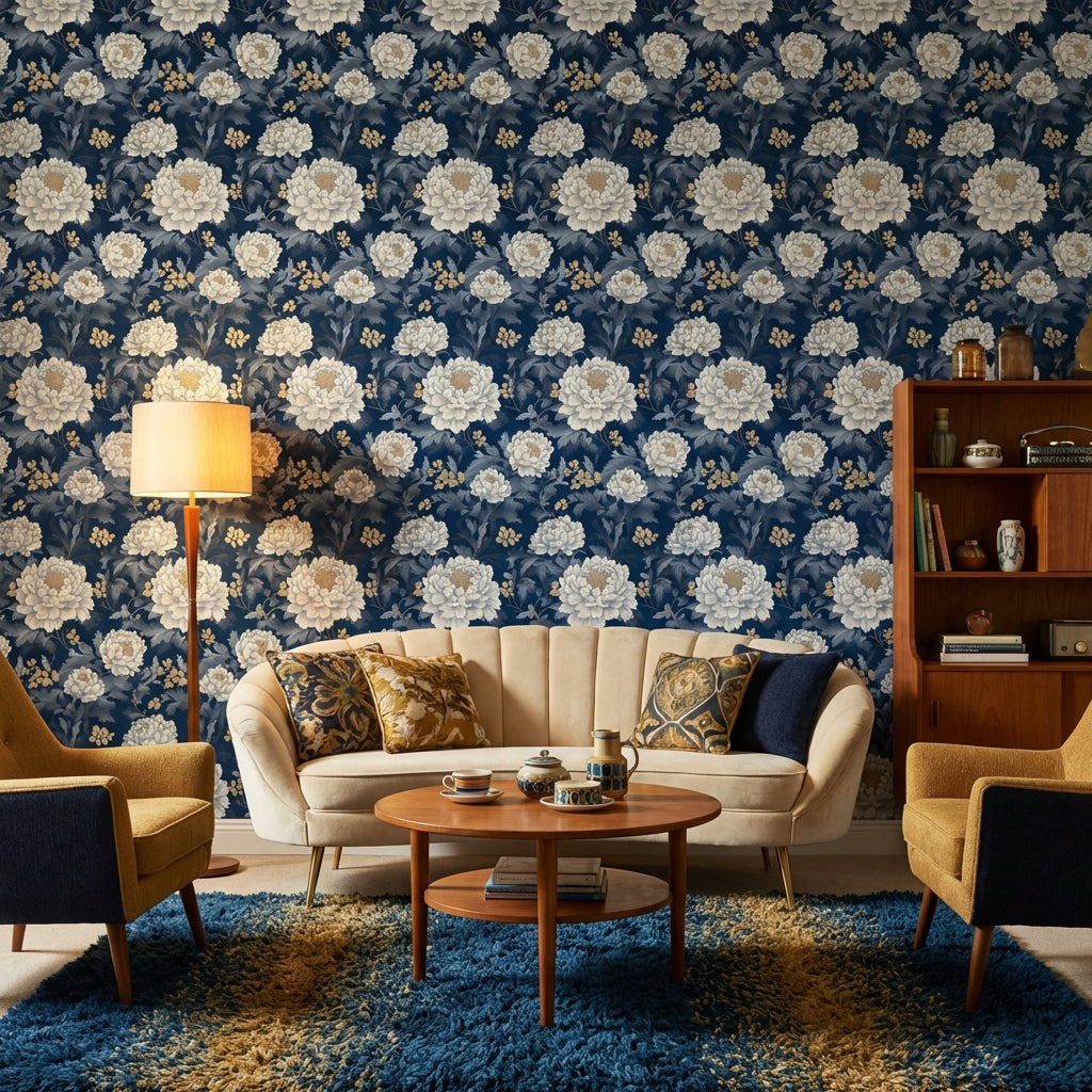 Elegant Floral Wallpaper Navy Traditional Wall Mural