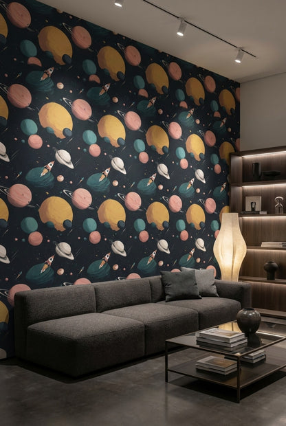 Space Wallpaper Planets Removable Rockets Wall Mural