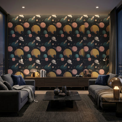 Space Wallpaper Planets Removable Rockets Wall Mural
