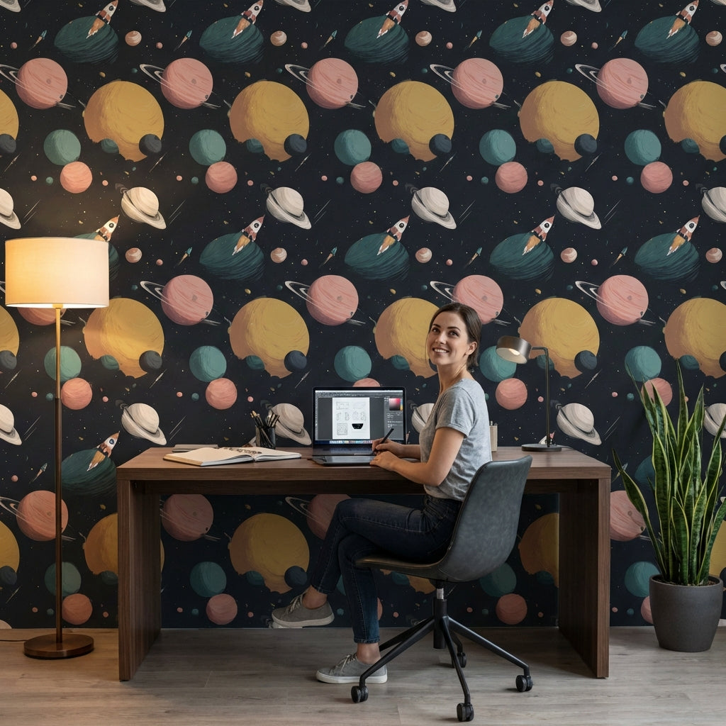 Space Wallpaper Planets Removable Rockets Wall Mural