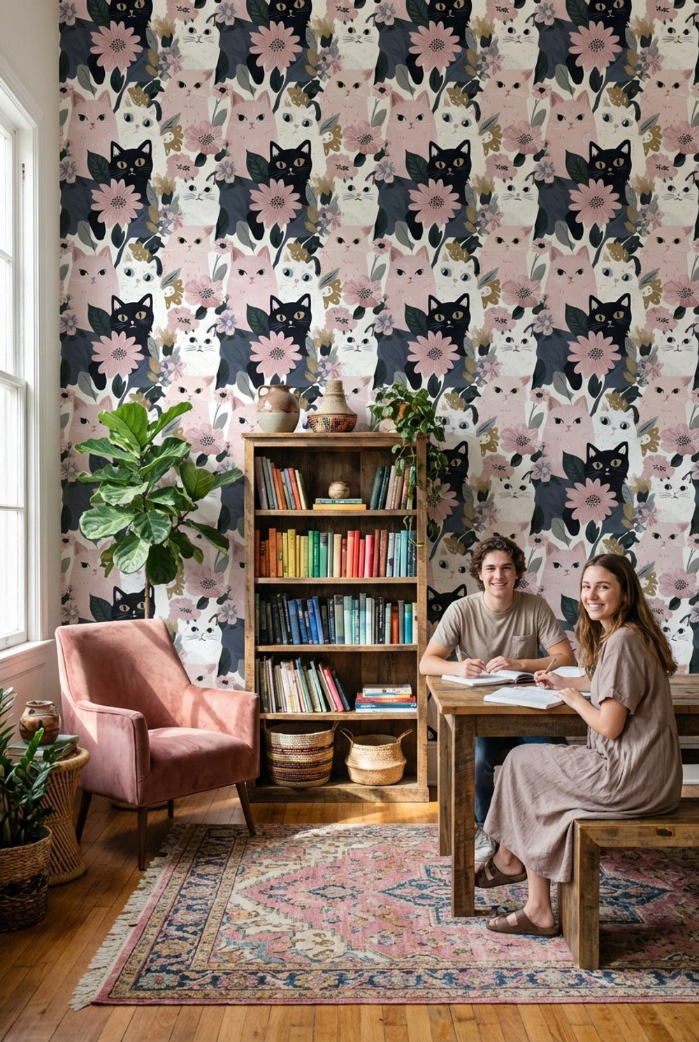 Cats Wallpaper Flowers Removable Modern Wall Mural