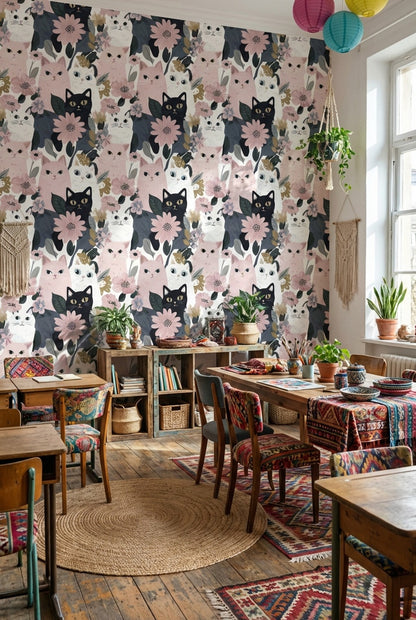 Cats Wallpaper Flowers Removable Modern Wall Mural
