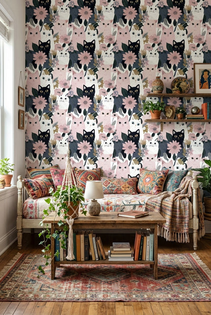 Cats Wallpaper Flowers Removable Modern Wall Mural