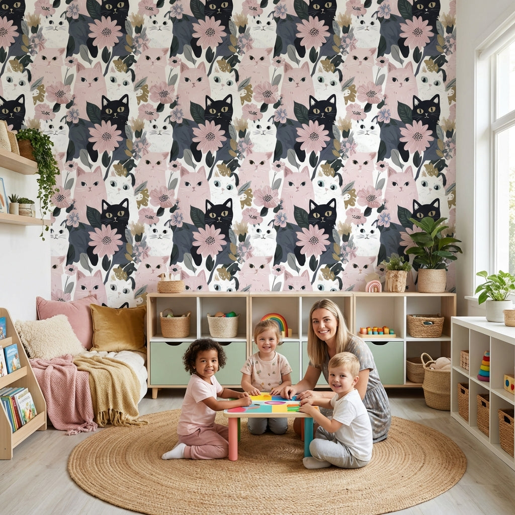 Cats Wallpaper Flowers Removable Modern Wall Mural