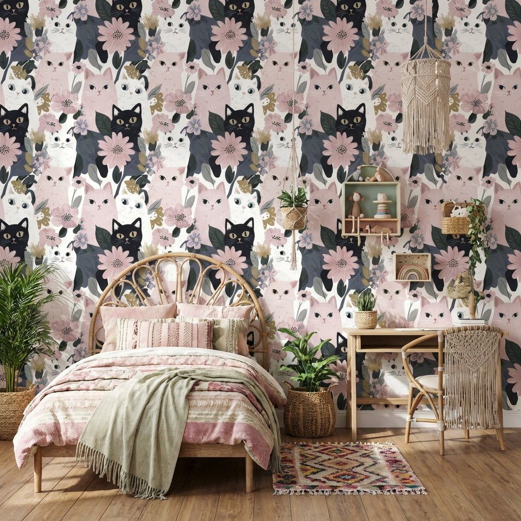 Cats Wallpaper Flowers Removable Modern Wall Mural