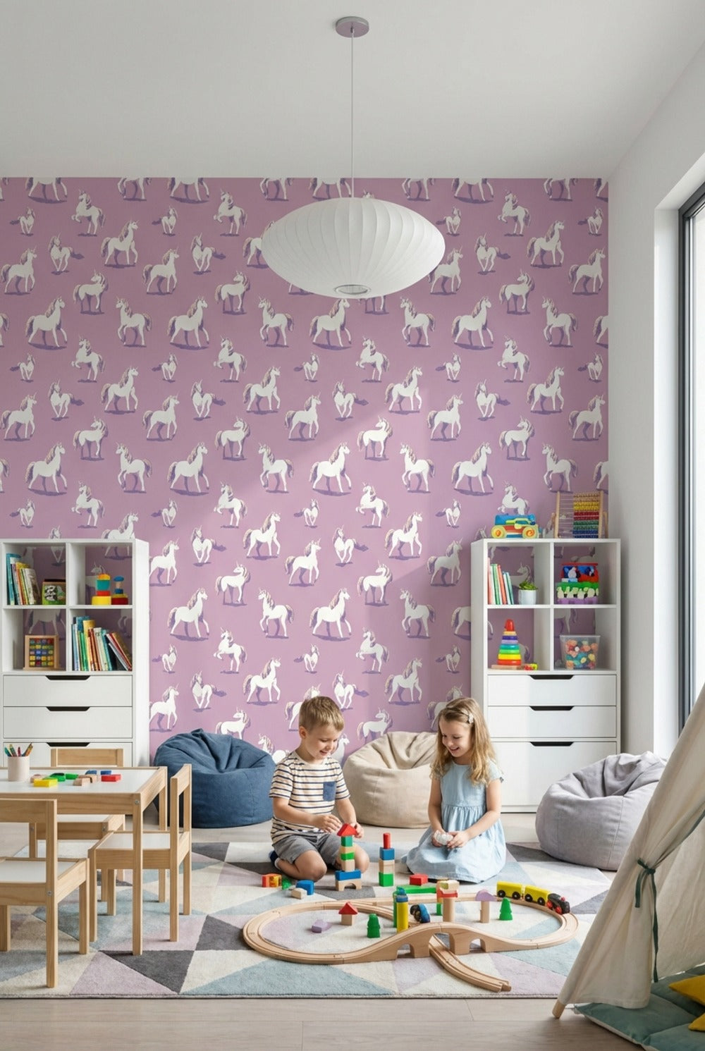 Purple Background Wallpaper Whimsical Removable Unicorn Wall Mural