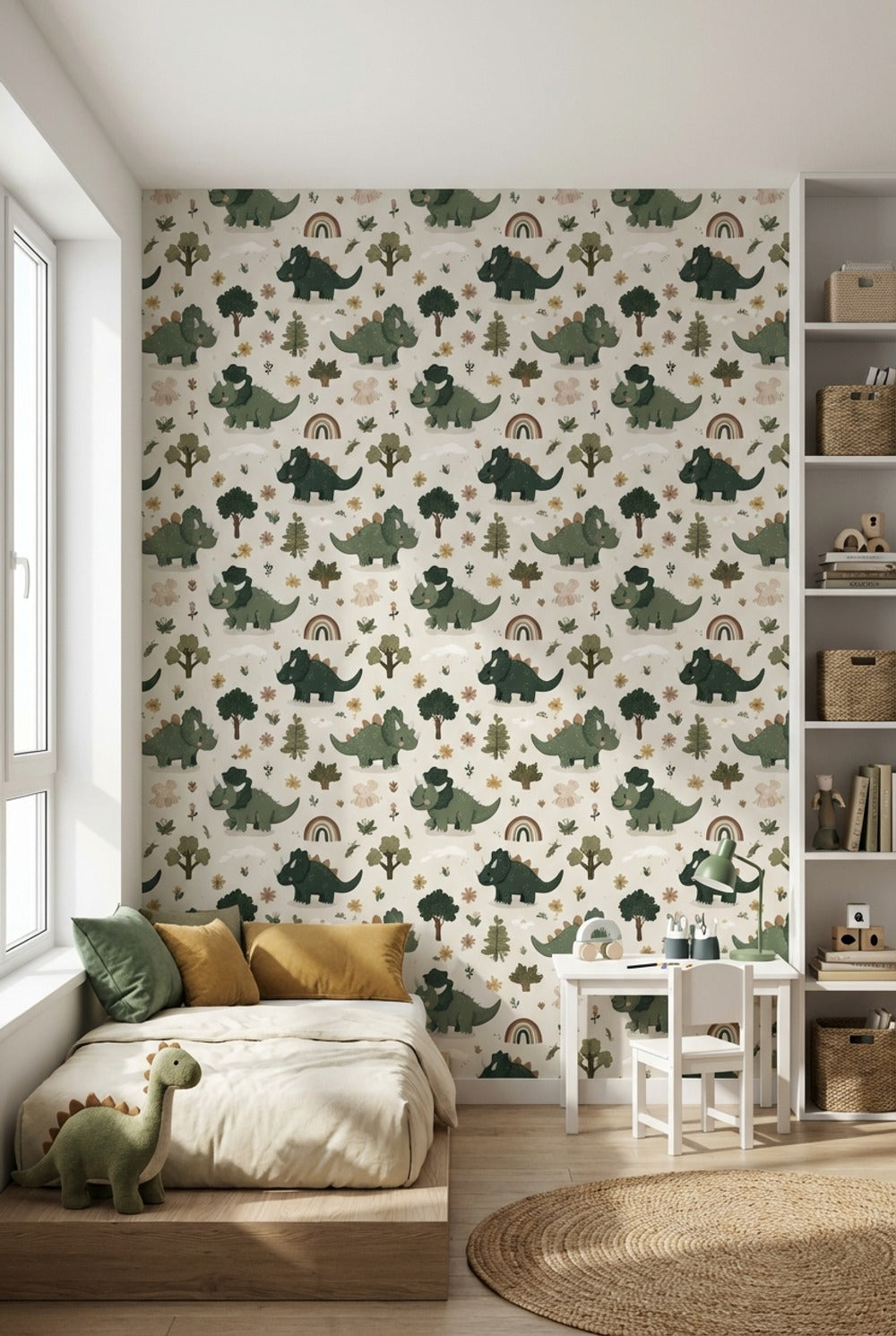 Dinosaur Wallpaper Cartoon Floral Decorative Mural