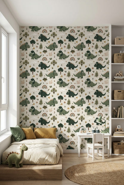 Dinosaur Wallpaper Cartoon Floral Decorative Mural