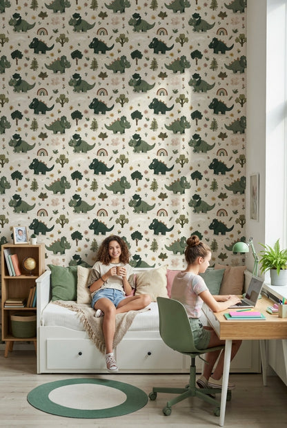 Dinosaur Wallpaper Cartoon Floral Decorative Mural