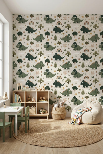 Dinosaur Wallpaper Cartoon Floral Decorative Mural
