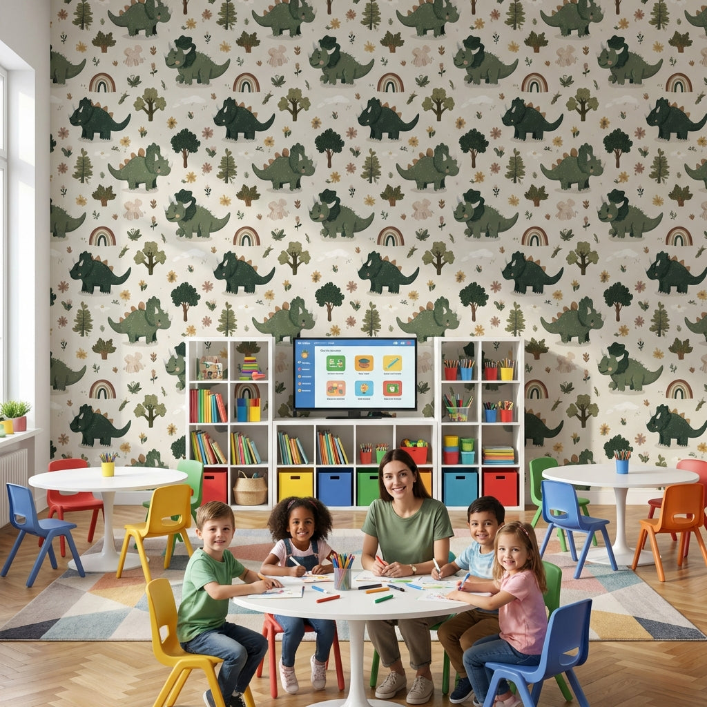 Dinosaur Wallpaper Cartoon Floral Decorative Mural