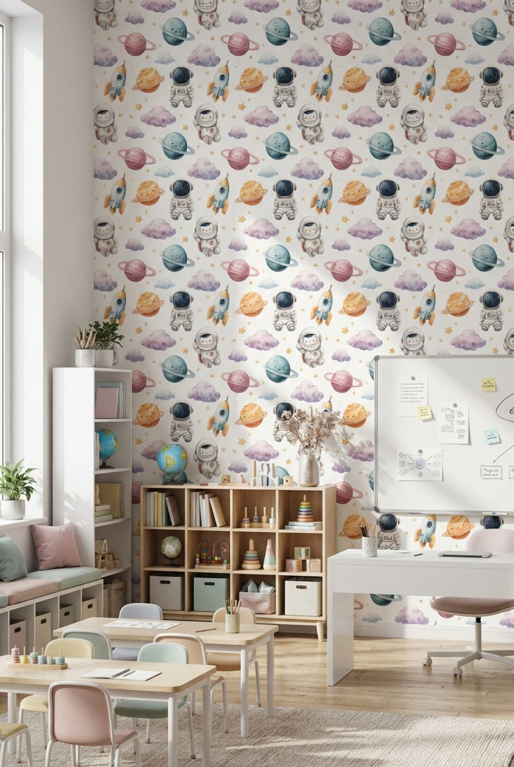 White Background Wallpaper Astronauts Planetary Mural