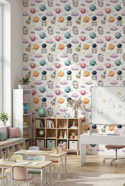 White Background Wallpaper Astronauts Planetary Mural