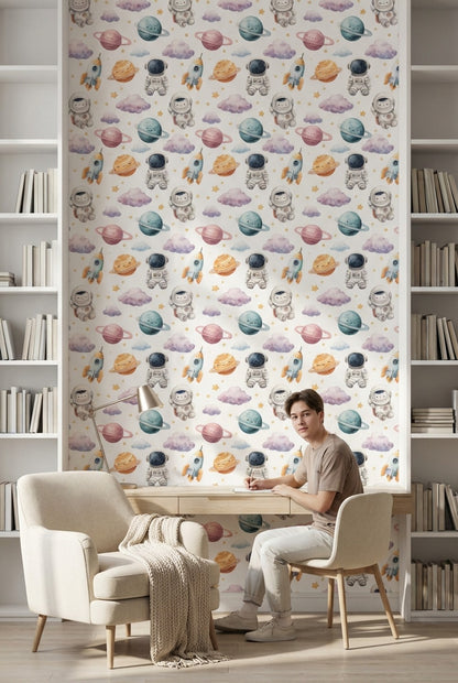 White Background Wallpaper Astronauts Planetary Mural