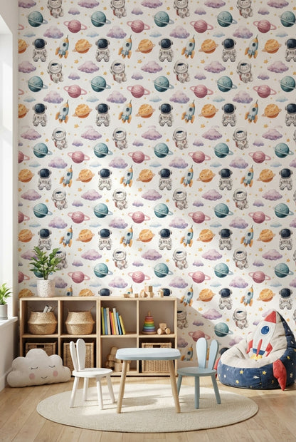 White Background Wallpaper Astronauts Planetary Mural