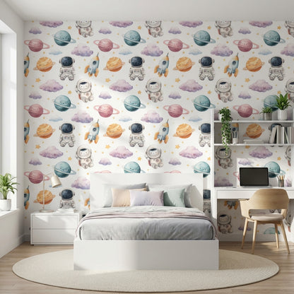 White Background Wallpaper Astronauts Planetary Mural