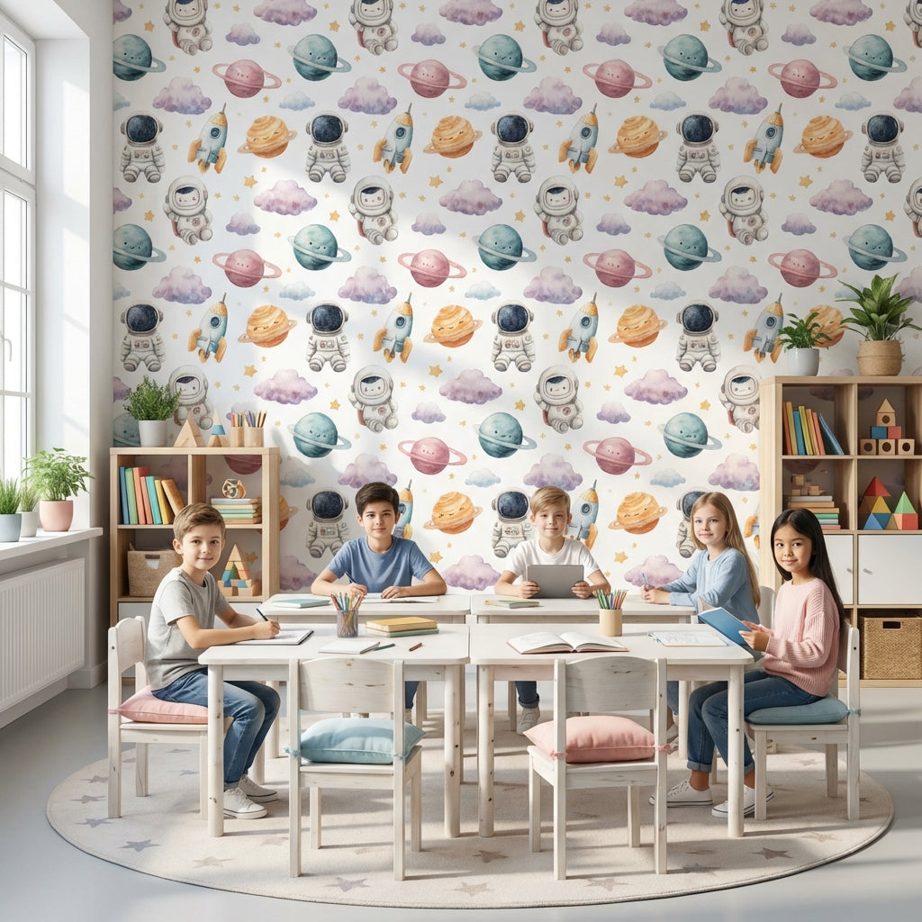 White Background Wallpaper Astronauts Planetary Mural