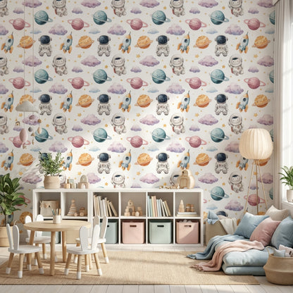 White Background Wallpaper Astronauts Planetary Mural