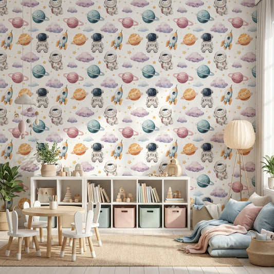 White Background Wallpaper Astronauts Planetary Mural