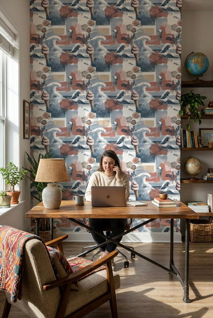 Coastal Wallpaper Ice Cream Seashells Decorative Mural