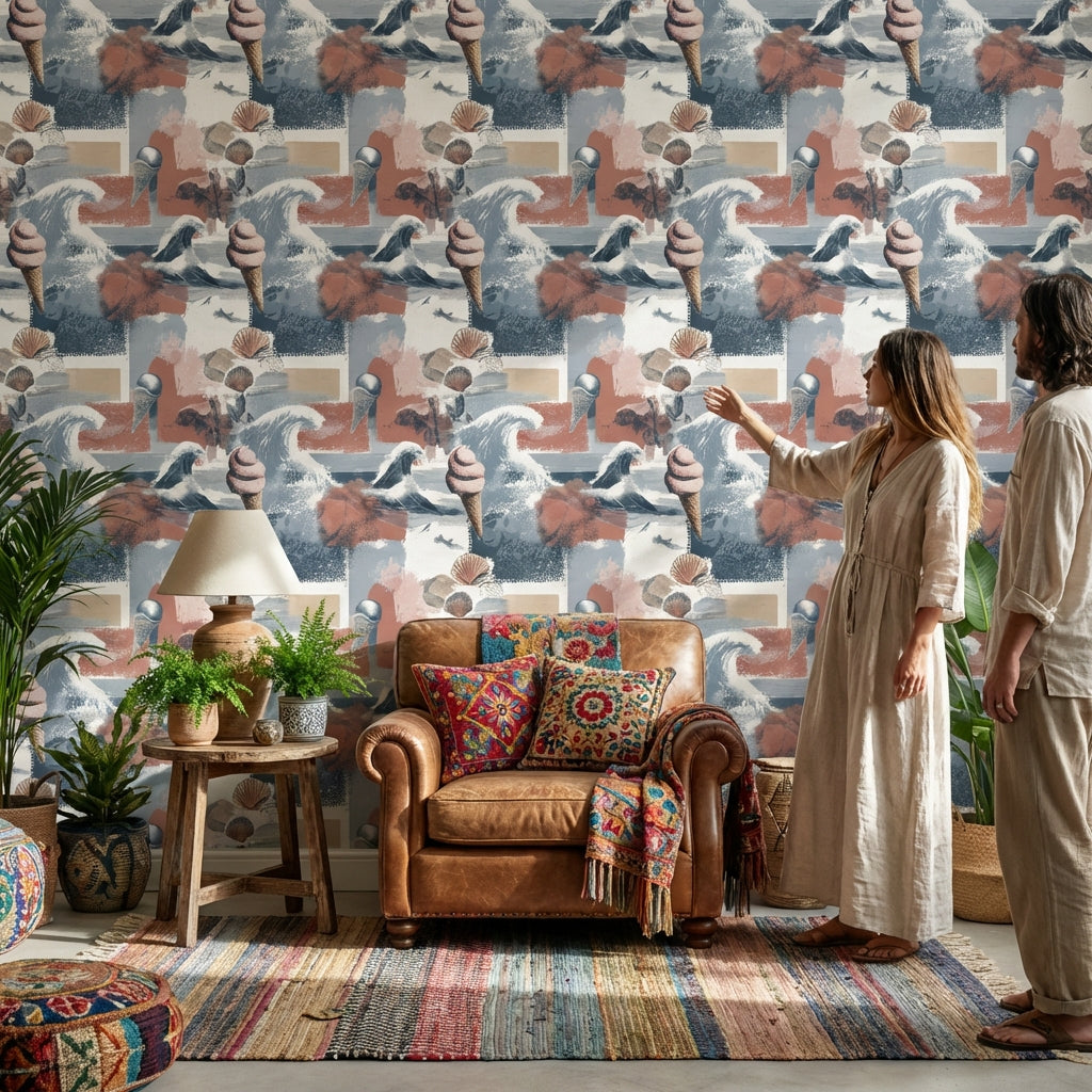 Coastal Wallpaper Ice Cream Seashells Decorative Mural