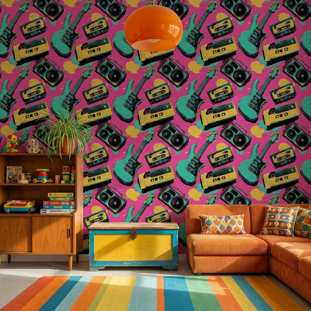 Retro Music Wallpaper Vibrant Guitars Wall Mural