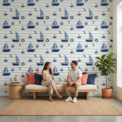 Nautical Wallpaper Sailboats Anchors Removable Wall Decor