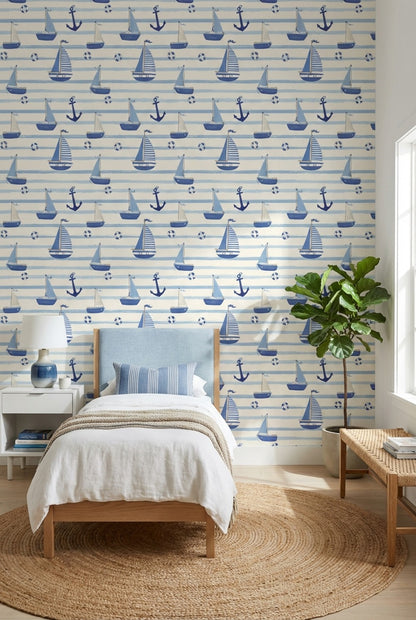 Nautical Wallpaper Striped Lifebuoys Decorative Mural