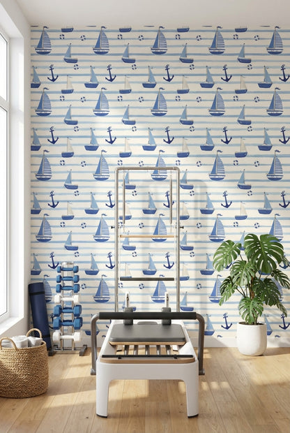 Nautical Wallpaper Striped Lifebuoys Decorative Mural