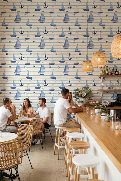 Nautical Wallpaper Striped Lifebuoys Decorative Mural