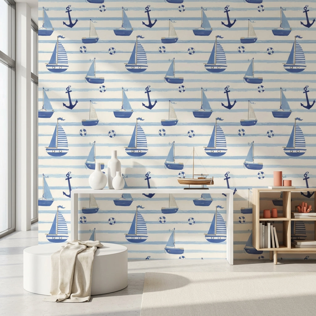 Nautical Wallpaper Striped Lifebuoys Decorative Mural