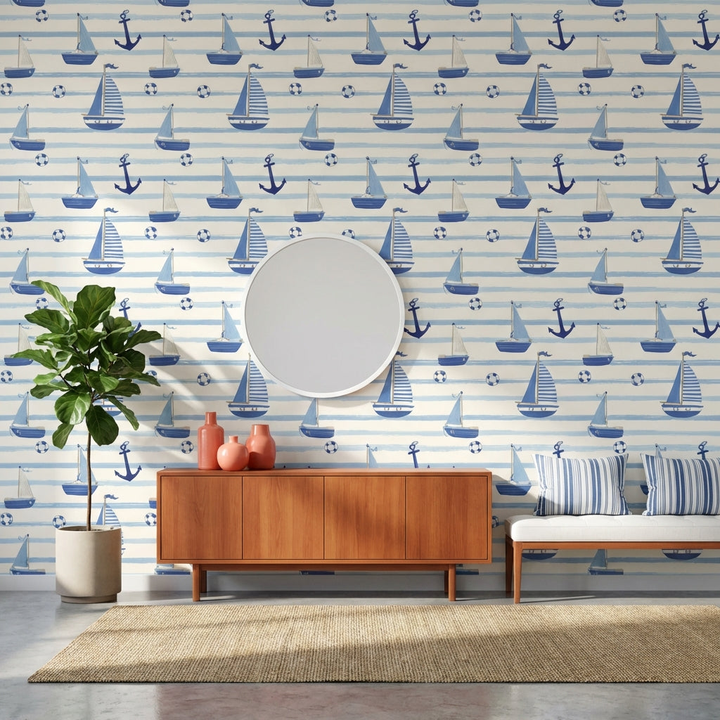 Nautical Wallpaper Striped Lifebuoys Decorative Mural