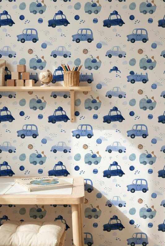 White Background Wallpaper Blue Cars Wall Mural