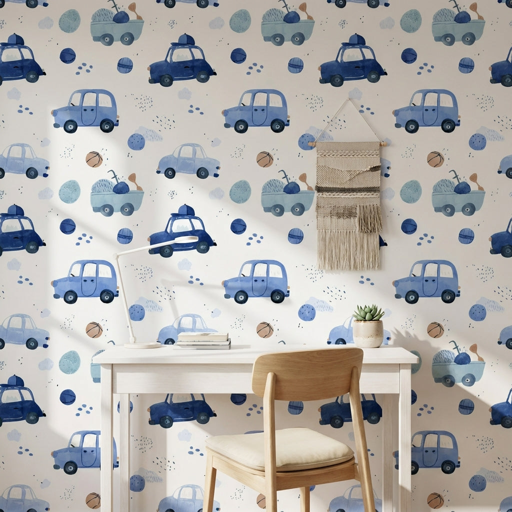 White Background Wallpaper Blue Cars Wall Mural