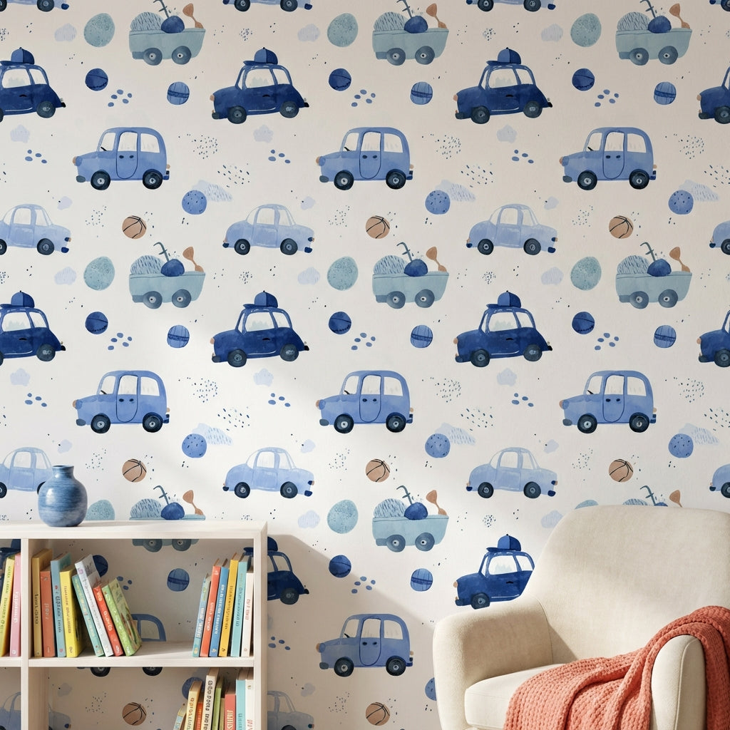 White Background Wallpaper Blue Cars Wall Mural