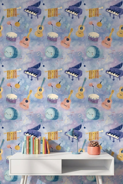 Musical Instruments Wallpaper Cartoon Watercolor Decorative Mural