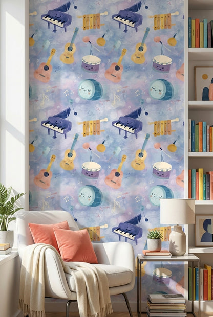 Musical Instruments Wallpaper Cartoon Watercolor Decorative Mural