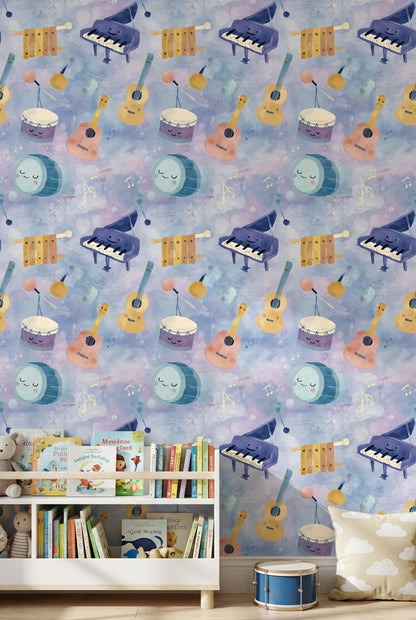 Musical Instruments Wallpaper Cartoon Watercolor Decorative Mural