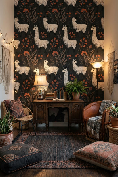 Floral Llamas Wallpaper Bohemian Dark Background Decorative Mural