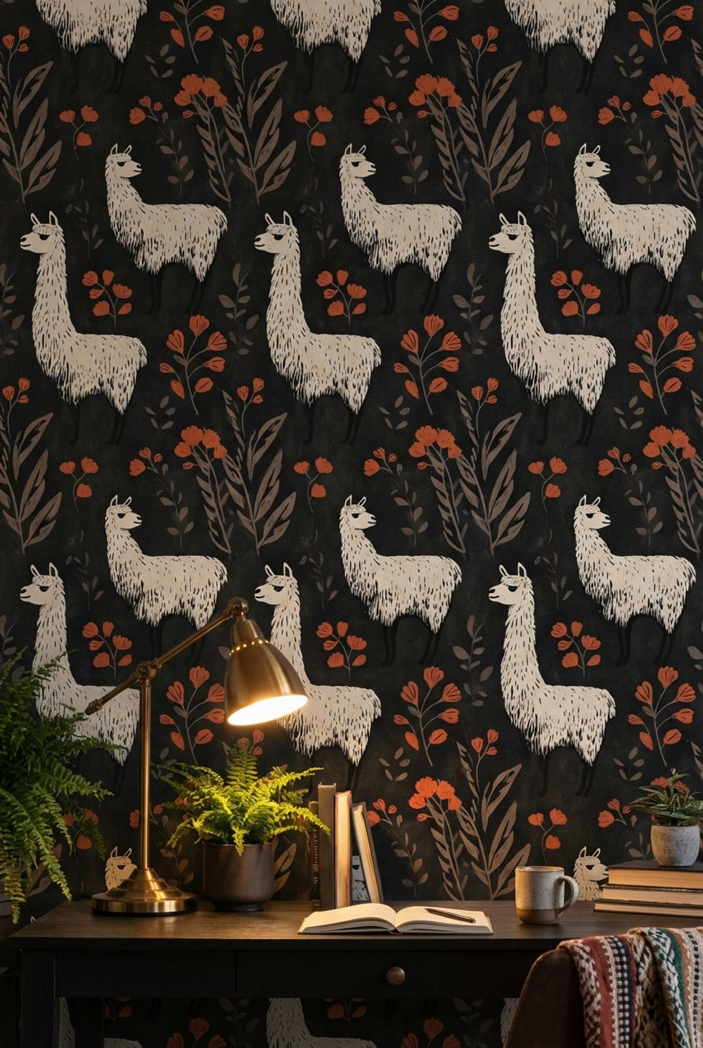 Floral Llamas Wallpaper Bohemian Dark Background Decorative Mural
