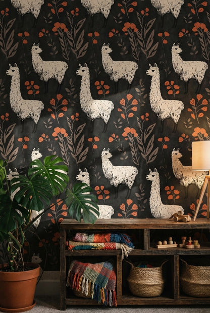 Floral Llamas Wallpaper Bohemian Dark Background Decorative Mural