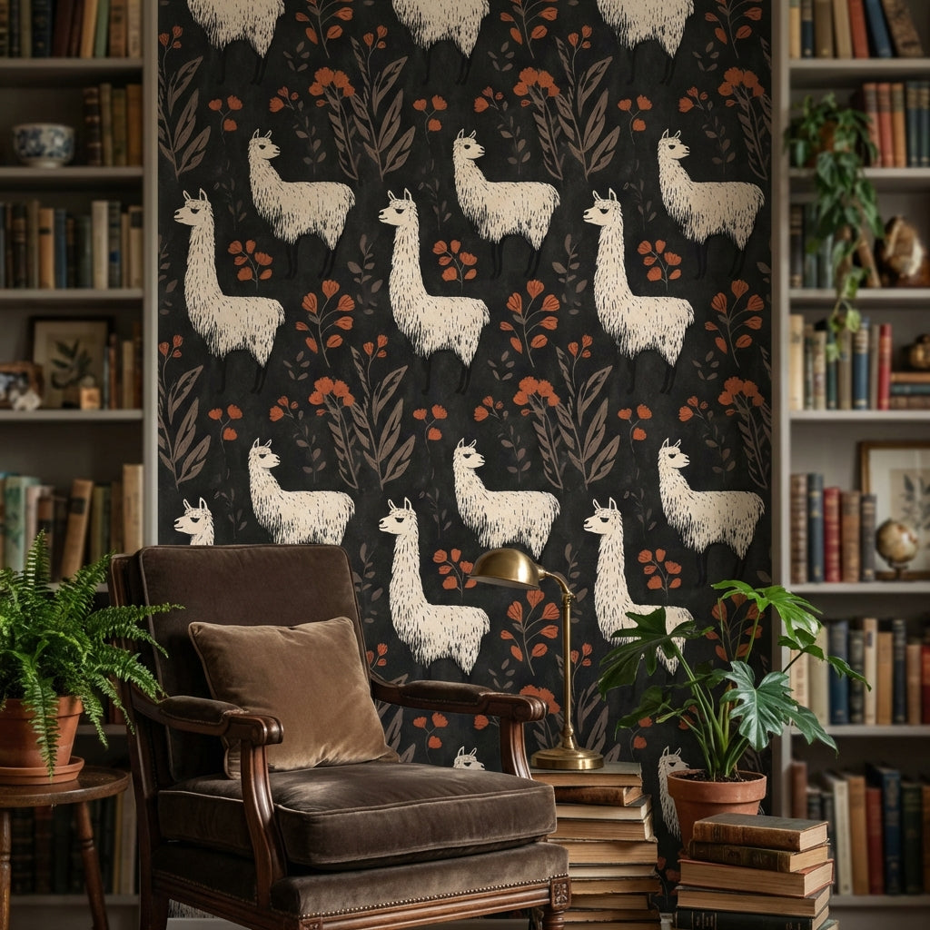 Floral Llamas Wallpaper Bohemian Dark Background Decorative Mural