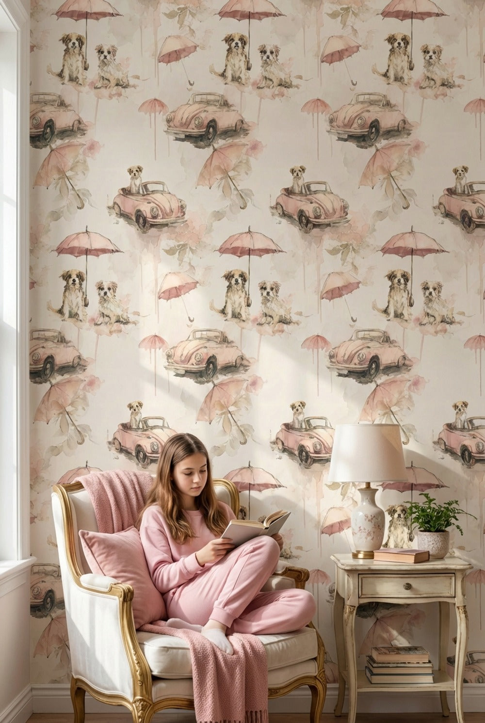 Dogs Wallpaper Vintage Cars Removable Umbrellas Wall Mural