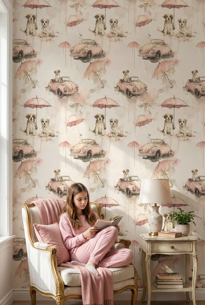 Dogs Wallpaper Vintage Cars Removable Umbrellas Wall Mural