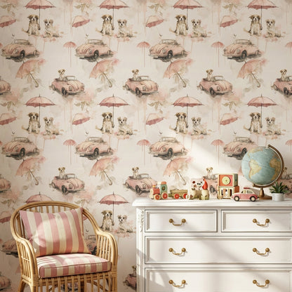 Dogs Wallpaper Vintage Cars Removable Umbrellas Wall Mural