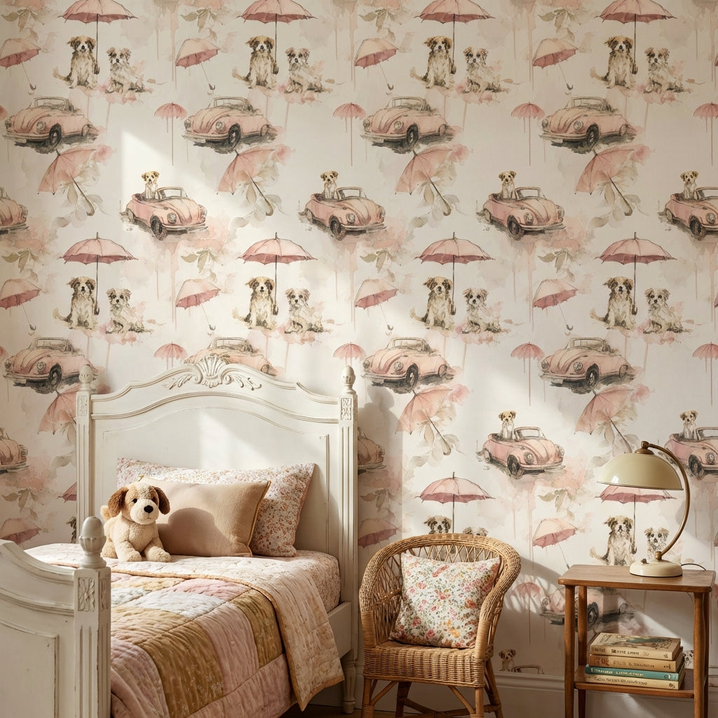 Dogs Wallpaper Vintage Cars Removable Umbrellas Wall Mural