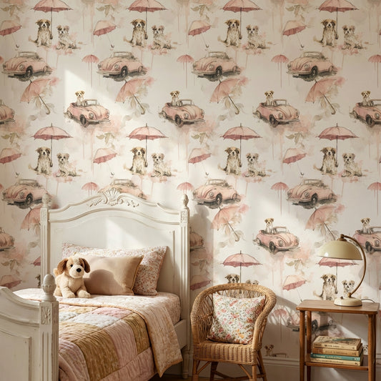 Dogs Wallpaper Vintage Cars Removable Umbrellas Wall Mural