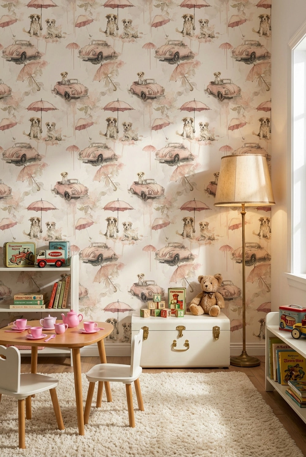 Dogs Wallpaper Vintage Cars Removable Umbrellas Wall Mural